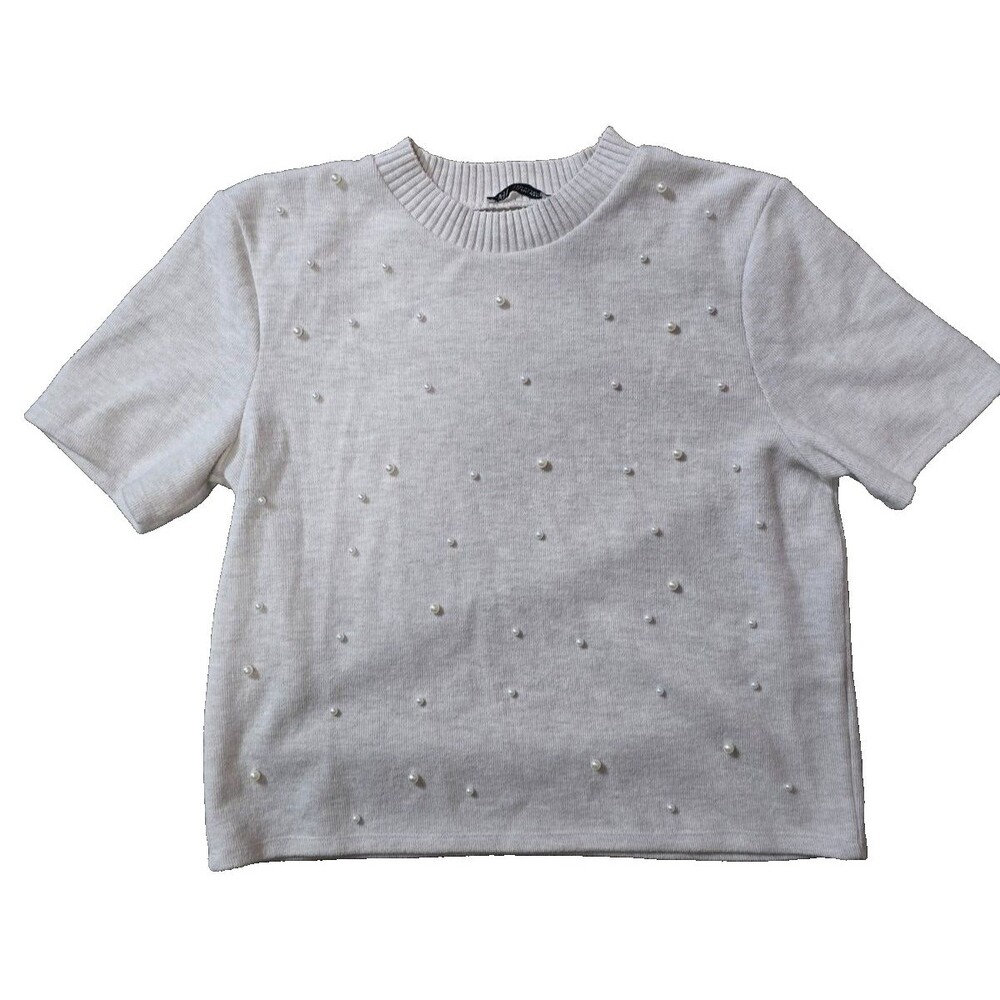 Zara Short Sleeve Pearl Embellish Crew Neck Women's Sweater Size L